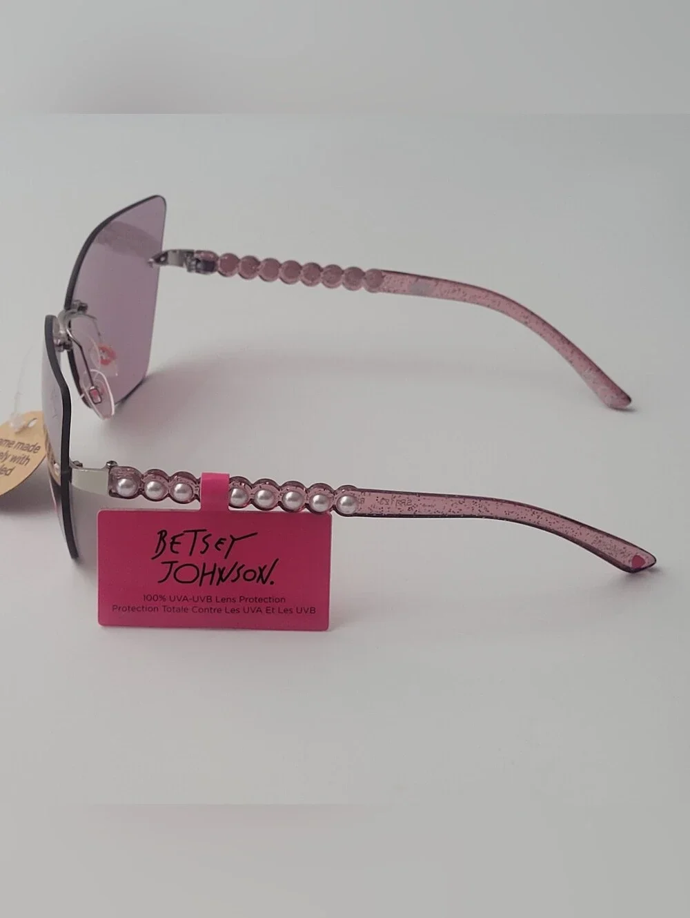Betsey Johnson Purple Oversized Cat Eye Sunglasses Pearl Temples Rimless UV400